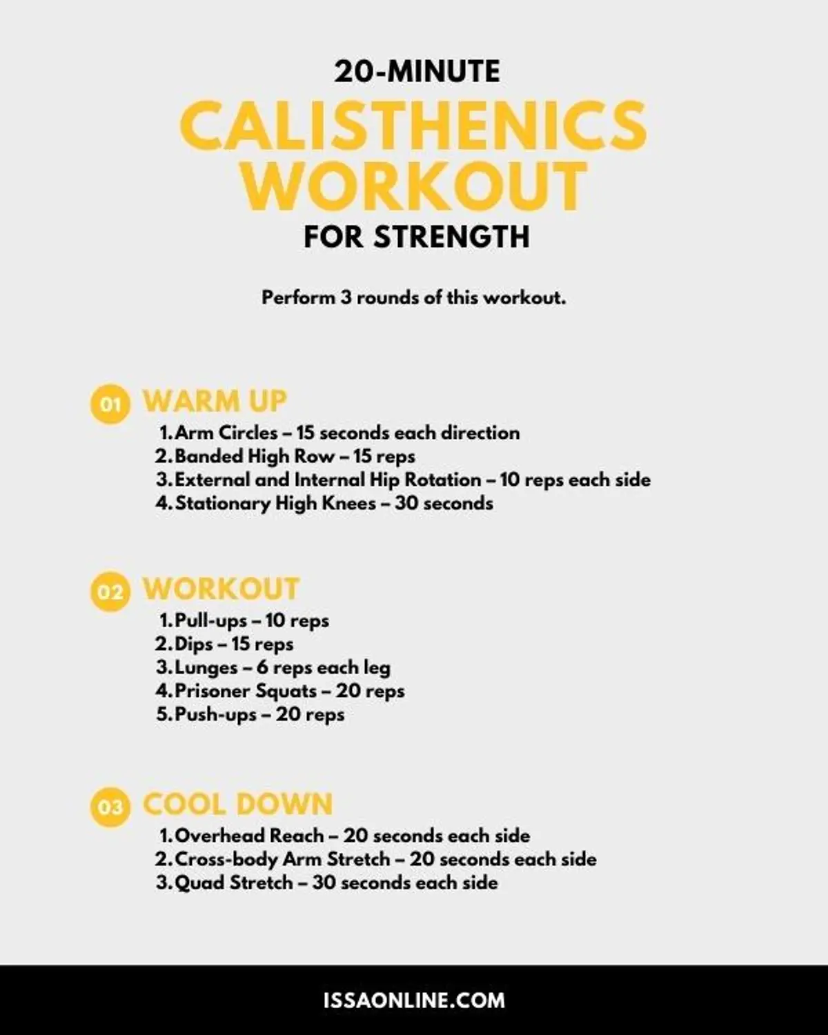 ISSA, International Sports Sciences Association, Certified Personal Trainer, ISSAonline, 20-Minute Calisthenics Workout for Strength, Calisthenics Workout Handout