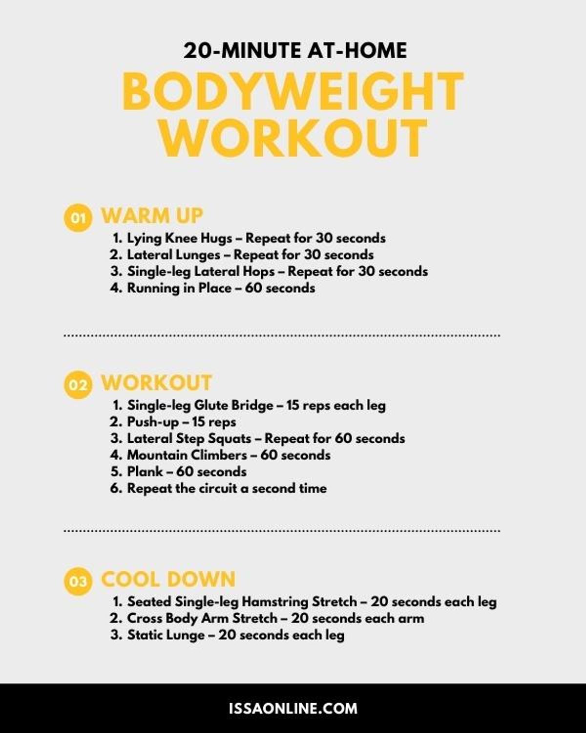 ISSA, International Sports Sciences Association, Certified Personal Trainer, ISSAonline, 20-Minute At-Home Bodyweight Workout, Handout