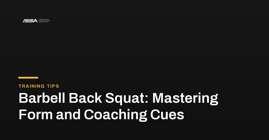 A lifter performing a barbell back squat in a rack with an upright, braced torso.