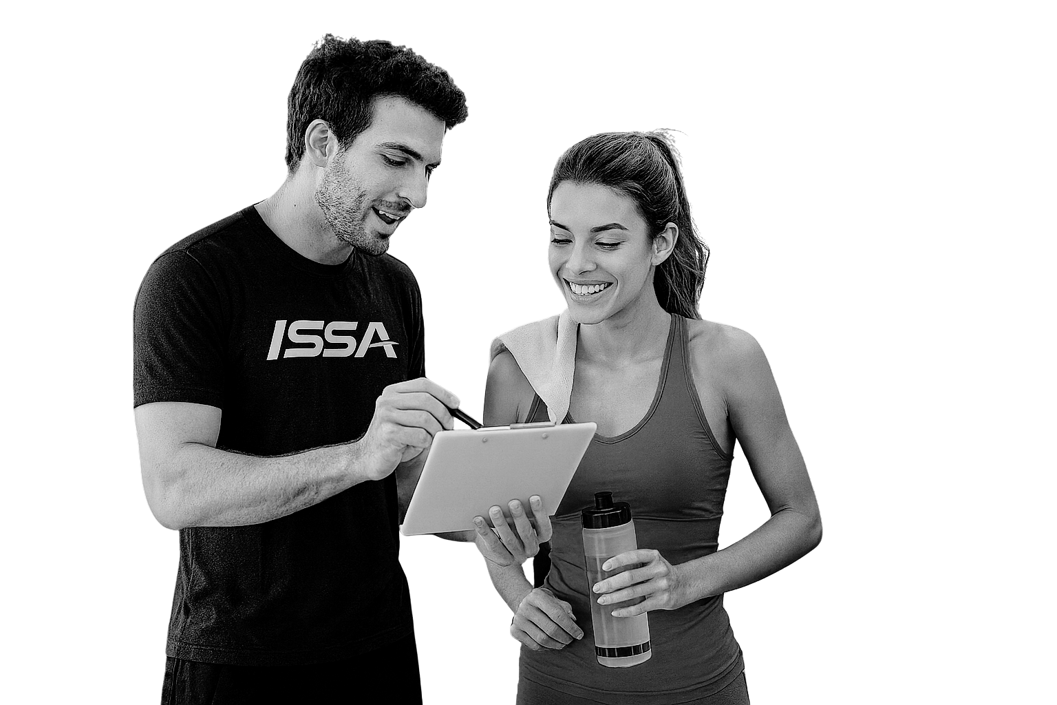 Man and woman looking at a tablet with ISSA branded shirts on a white background