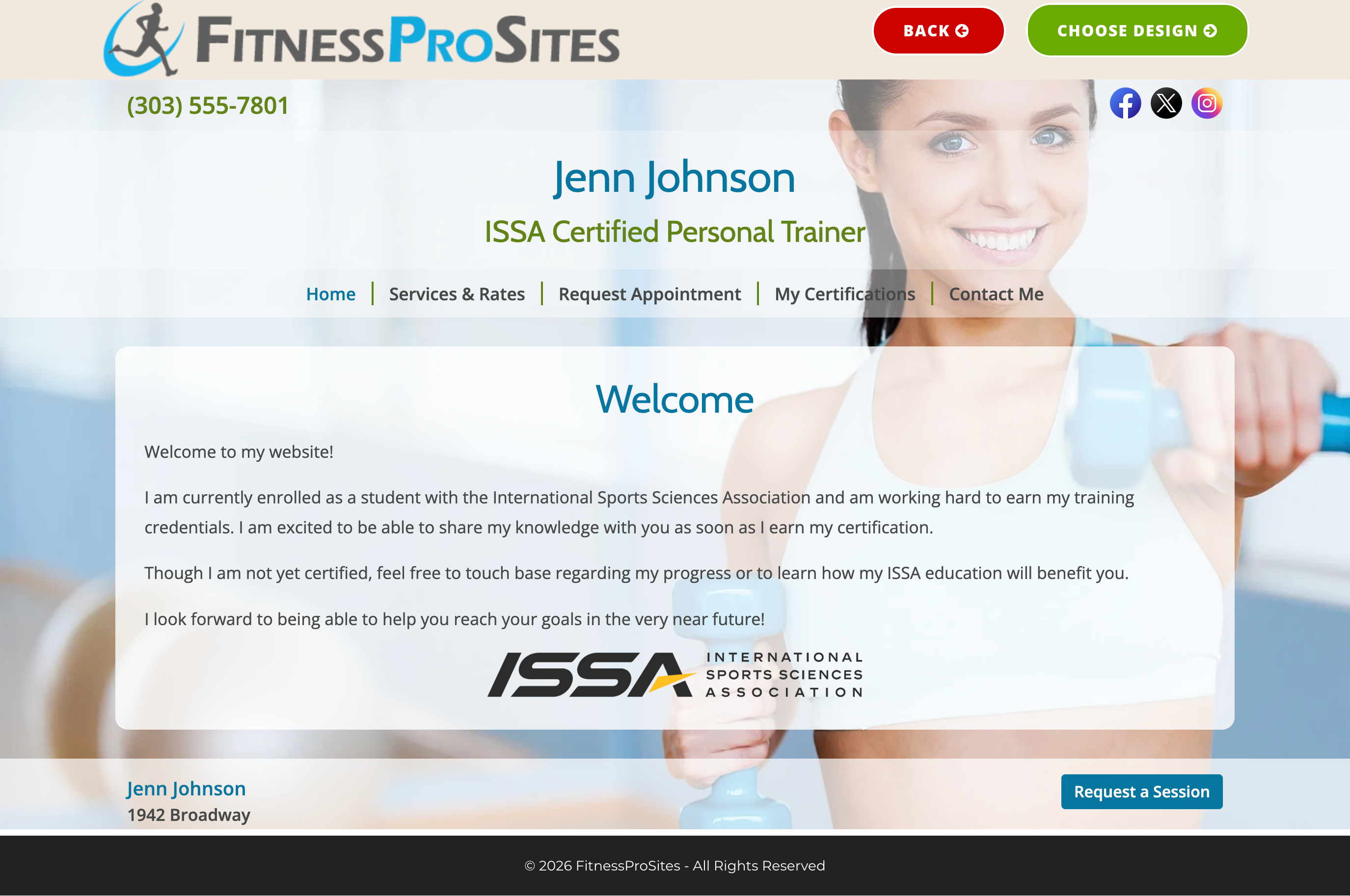 Sample FitnessProSites trainer website: Jenn Johnson, ISSA Certified Personal Trainer