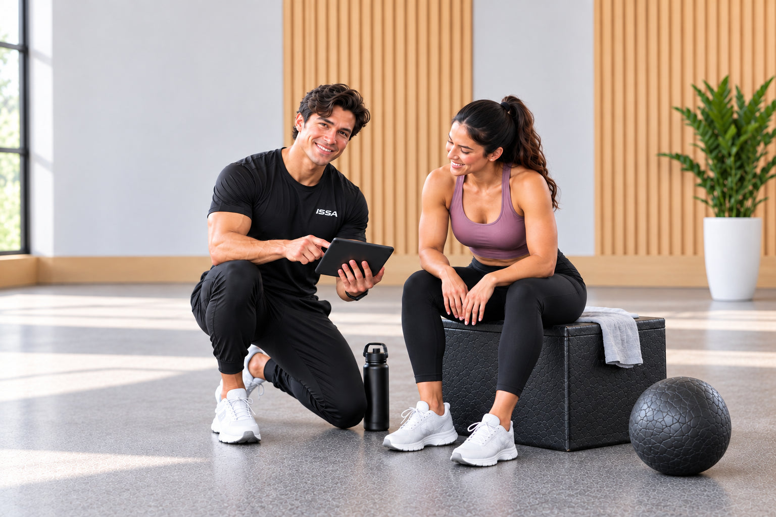 A male fitness coach in a black ISSA t-shirt and black pants kneels beside a woman in a purple sports bra and black leggings, holding a tablet in a bright gym setting.
