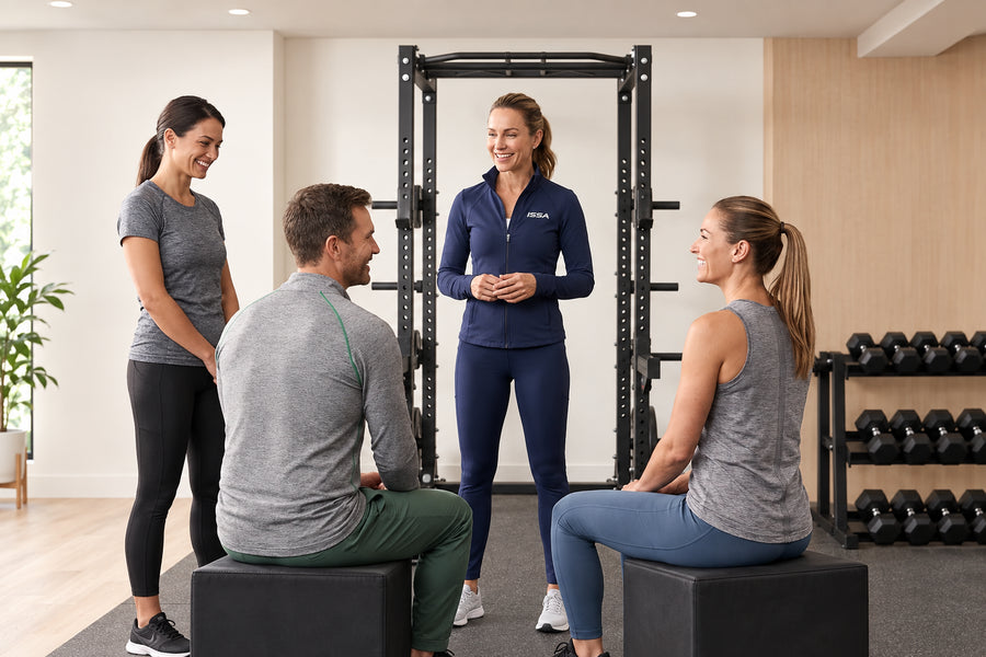 Four people in athletic wear gathered in a gym setting in front of a black power rack.