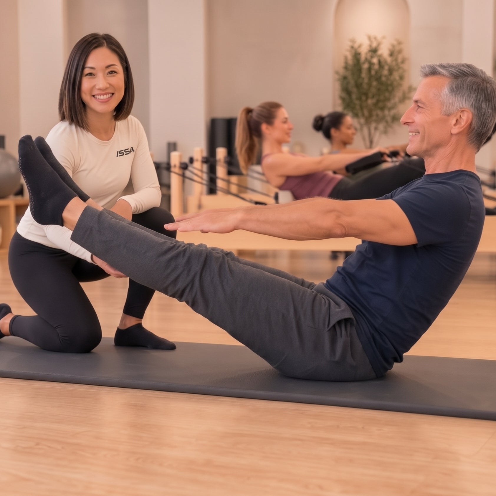 ISSA Pilates instructor smiling while spotting a client through a mat exercise, with others working on reformers in the background of a bright studio